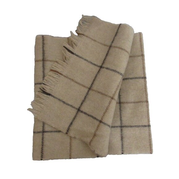 Reine Wolle Scarf Pure Lambswool 52" x 11" Zuiver Wol Light Brown Checks Fringe - Picture 3 of 3